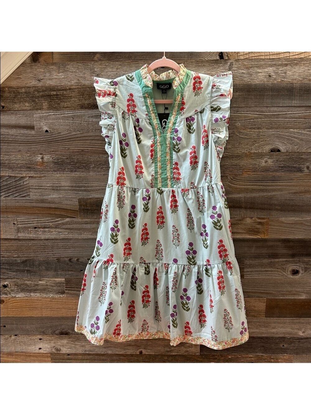 Gigio Floral Ruffle Sleeve Dress Mixed Media Mini Dress 100% Cotton Size Small - Picture 4 of 10